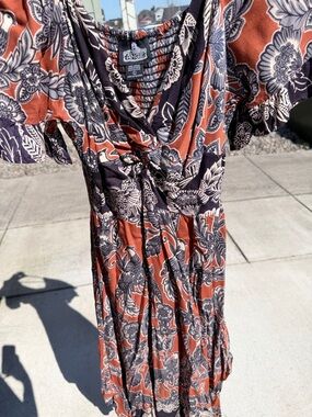 Angie Rust and Navy Botanical Tie-Front Midi Dress